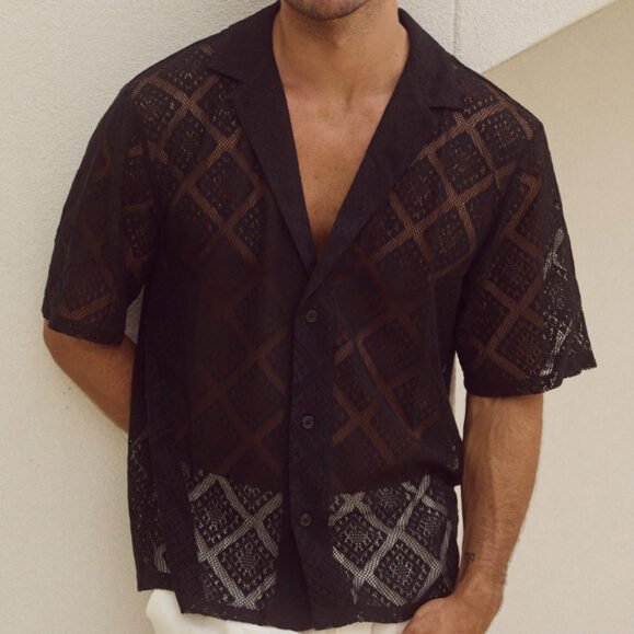 Fashion Mens Clothing Men's Hollow-out Breathable Short-sleeved Lapel Casual Shirt – Bild 5