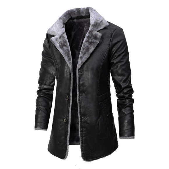 Plush Lapel Leather Jacket Winter Warm Fleece Single-breasted Coat For Men Long Clothing – Bild 7