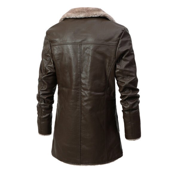 Plush Lapel Leather Jacket Winter Warm Fleece Single-breasted Coat For Men Long Clothing – Bild 5