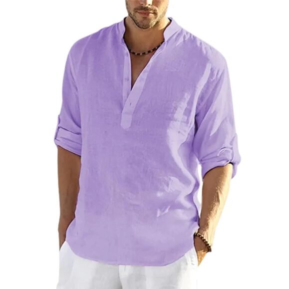 Men's Casual Cotton Linen Solid Color Long Sleeve Shirt Loose Stand Collar – Bild 9
