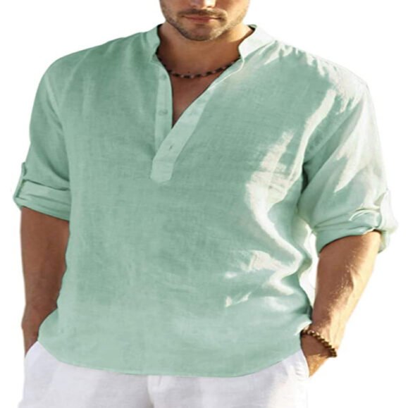 Men's Casual Cotton Linen Solid Color Long Sleeve Shirt Loose Stand Collar – Bild 6