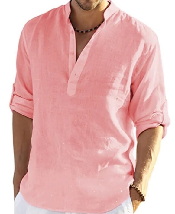 Men's Casual Cotton Linen Solid Color Long Sleeve Shirt Loose Stand Collar – Bild 4