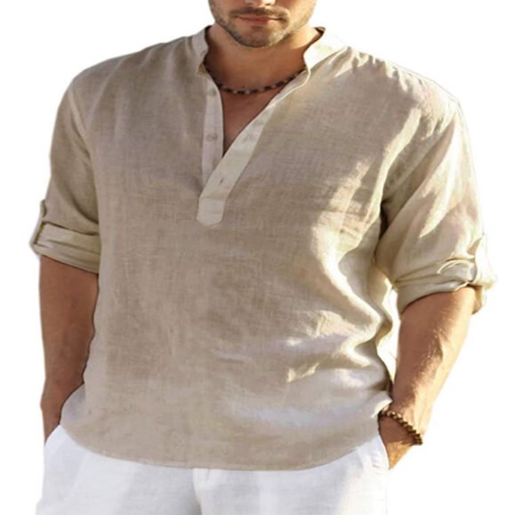 Men's Casual Cotton Linen Solid Color Long Sleeve Shirt Loose Stand Collar – Bild 5