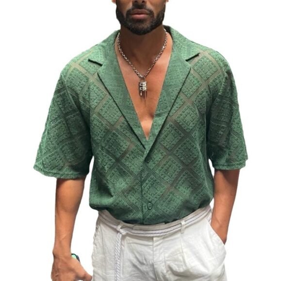 Fashion Mens Clothing Men's Hollow-out Breathable Short-sleeved Lapel Casual Shirt – Bild 4