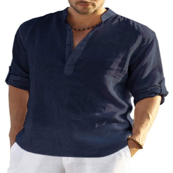 Men's Casual Cotton Linen Solid Color Long Sleeve Shirt Loose Stand Collar – Bild 3