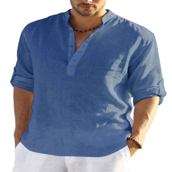 Men's Casual Cotton Linen Solid Color Long Sleeve Shirt Loose Stand Collar – Bild 8