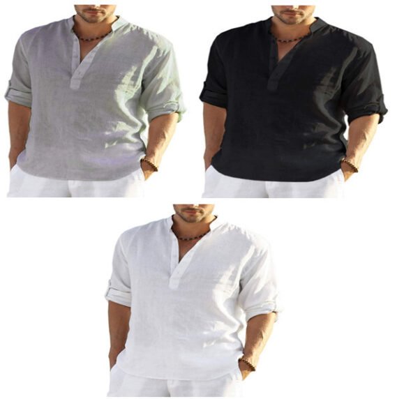 Men's Casual Cotton Linen Solid Color Long Sleeve Shirt Loose Stand Collar – Bild 7
